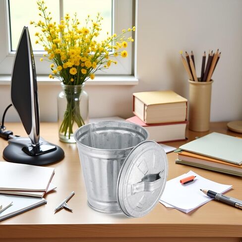 Silver Mini Galvanized Trash Can with Lid Mini Wastebasket Trash Can Small Metal Buckets Tabletop Trash Rubbish Bin Flower Pot Pen Holde Trash, Wastebaskets (9.5X9X9CM) in Kuwait