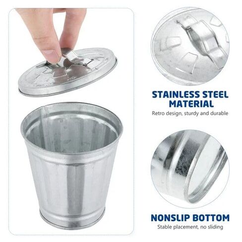 Silver Mini Galvanized Trash Can with Lid Mini Wastebasket Trash Can Small Metal Buckets Tabletop Trash Rubbish Bin Flower Pot Pen Holde Trash, Wastebaskets (9.5X9X9CM) in Kuwait