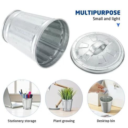 Silver Mini Galvanized Trash Can with Lid Mini Wastebasket Trash Can Small Metal Buckets Tabletop Trash Rubbish Bin Flower Pot Pen Holde Trash, Wastebaskets (9.5X9X9CM) in Kuwait