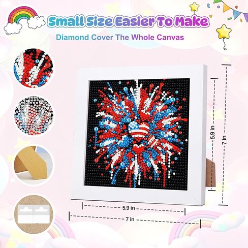 HEIBAGO 4th of July Patriotic Diamond Art Kits for Kids with Frame,5D Heart American Flag Diamond Painting for Kids Ages 4-6-8-12, DIY Easy Gem Art Kit with Beautiful Package for Home Decoration 7X7In in Kuwait