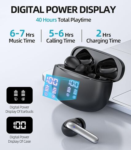Wireless Earbuds, Bluetooth 5.3 Headphones [Support Wireless Charging] 40H Playback Deep Bass Stereo Earphones with Dual Mic Clear Calls with LED Display for iPhone Android TV Laptop Sports in Kuwait
