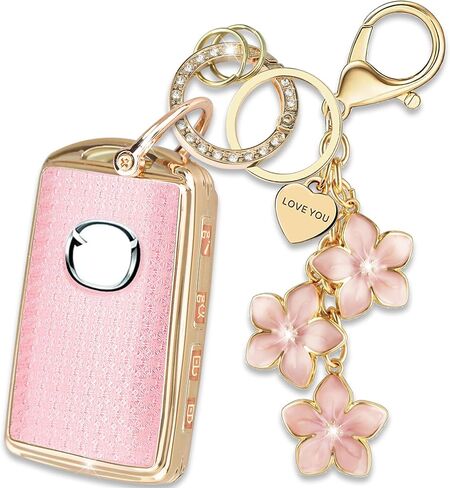 Pink TPU Key Fob Cover with Sakura Flower Keychain Compatible with Mazda 3 6 MX-5 Miata MX-30 CX-5 CX-9 CX-30 CX-50,CX-60 CX-70 CX-90 2025 4-Button Smart Key for Women in Saudi Arabia