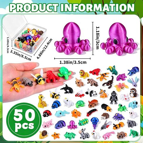 50Pcs Mini 3D Printed Animals for Kids Articulated Flexible Wiglets Toys 3D Printed Figurines for Boys and Girls Party Favors Goodie Bag Stuffers School Classroom Prizes in Saudi Arabia