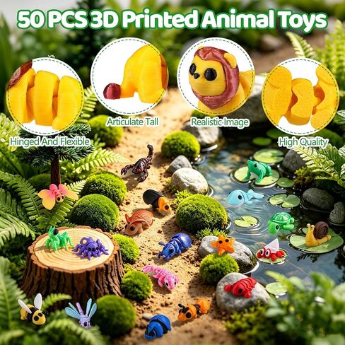 50Pcs Mini 3D Printed Animals for Kids Articulated Flexible Wiglets Toys 3D Printed Figurines for Boys and Girls Party Favors Goodie Bag Stuffers School Classroom Prizes in Saudi Arabia