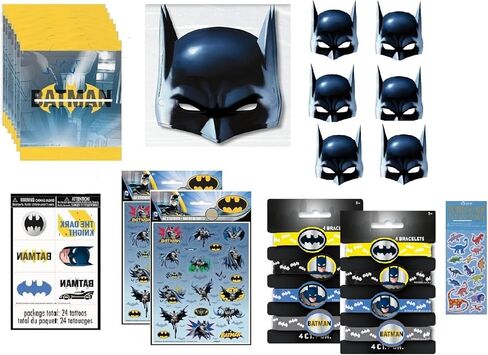 Batman Birthday Party Supplies Favor Bundle Pack includes 8 Loot Bags, 8 Bracelets, 24Tattoos, 8 Stickers Sheets, 8 Party PaperMasks, 1 Dinosaur Sticker Sheet in Saudi Arabia