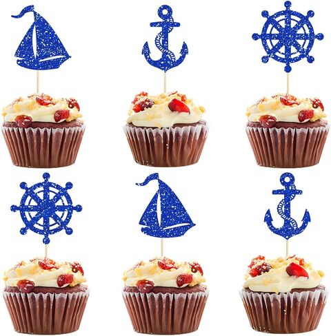 24 Pcs Nautical Rudder Sailboat Cupcake Toppers for Nautical Navy Theme Ocean Party Baby Shower Birthday Wedding Party Decorations Supplies in Saudi Arabia