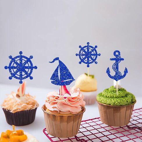 24 Pcs Nautical Rudder Sailboat Cupcake Toppers for Nautical Navy Theme Ocean Party Baby Shower Birthday Wedding Party Decorations Supplies in Saudi Arabia