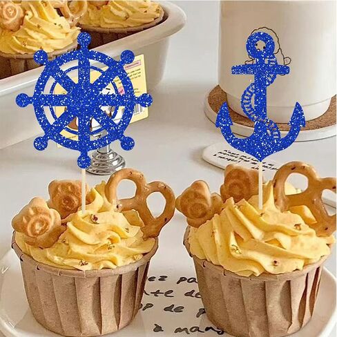 24 Pcs Nautical Rudder Sailboat Cupcake Toppers for Nautical Navy Theme Ocean Party Baby Shower Birthday Wedding Party Decorations Supplies in Saudi Arabia