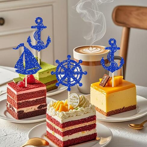 24 Pcs Nautical Rudder Sailboat Cupcake Toppers for Nautical Navy Theme Ocean Party Baby Shower Birthday Wedding Party Decorations Supplies in Saudi Arabia