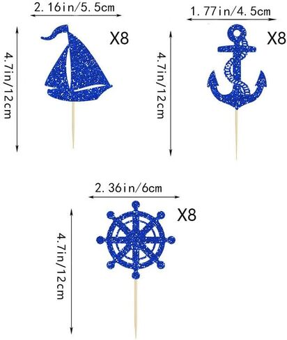 24 Pcs Nautical Rudder Sailboat Cupcake Toppers for Nautical Navy Theme Ocean Party Baby Shower Birthday Wedding Party Decorations Supplies in Saudi Arabia