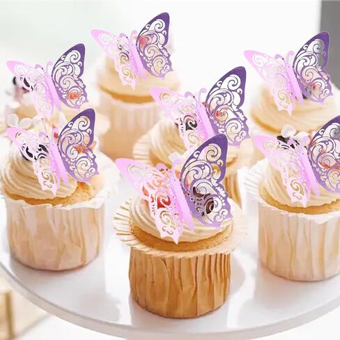 36 Pcs Butterfly Cupcake Decorations Openwork Purple Butterfly Decoration, Birthday Party Decorations Women Men Children Birthday Party Decoration Supplies in Kuwait
