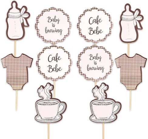 Gostman Baby is Brewing Cupcake Toppers - Cafe Bebe Theme Baby Shower Decorations, Baby Bottle and Coffee Cup Designs, Gender Reveal Party Decor (cafe bebe toppers) in Saudi Arabia