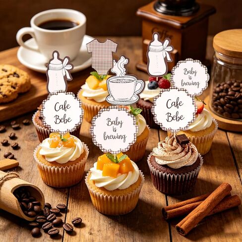 Gostman Baby is Brewing Cupcake Toppers - Cafe Bebe Theme Baby Shower Decorations, Baby Bottle and Coffee Cup Designs, Gender Reveal Party Decor (cafe bebe toppers) in Saudi Arabia