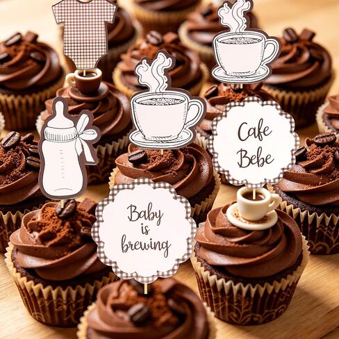 Gostman Baby is Brewing Cupcake Toppers - Cafe Bebe Theme Baby Shower Decorations, Baby Bottle and Coffee Cup Designs, Gender Reveal Party Decor (cafe bebe toppers) in Saudi Arabia