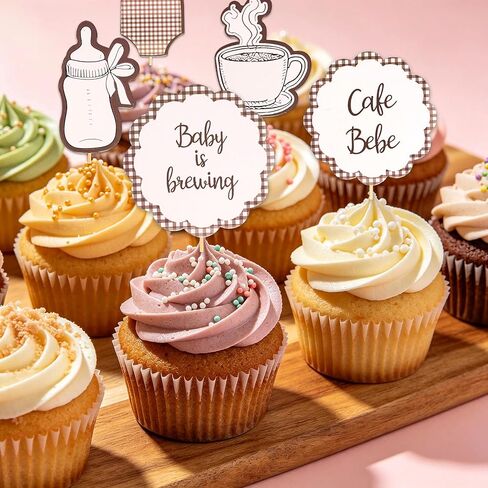 Gostman Baby is Brewing Cupcake Toppers - Cafe Bebe Theme Baby Shower Decorations, Baby Bottle and Coffee Cup Designs, Gender Reveal Party Decor (cafe bebe toppers) in Saudi Arabia