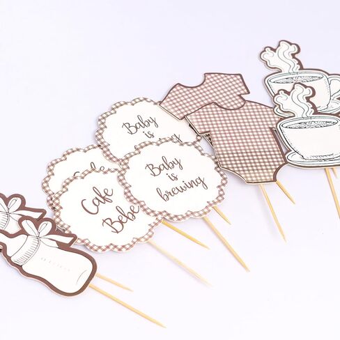Gostman Baby is Brewing Cupcake Toppers - Cafe Bebe Theme Baby Shower Decorations, Baby Bottle and Coffee Cup Designs, Gender Reveal Party Decor (cafe bebe toppers) in Saudi Arabia