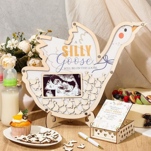 Chunful 64 Pcs Goose Baby Shower Guest Book Alternative a Silly Goose Will Be on the Loose Christmas Decorations for Boys Girls, Wooden Frame Guest Book with Stand, Pen, Box Baby Keepsake for Wedding in Kuwait