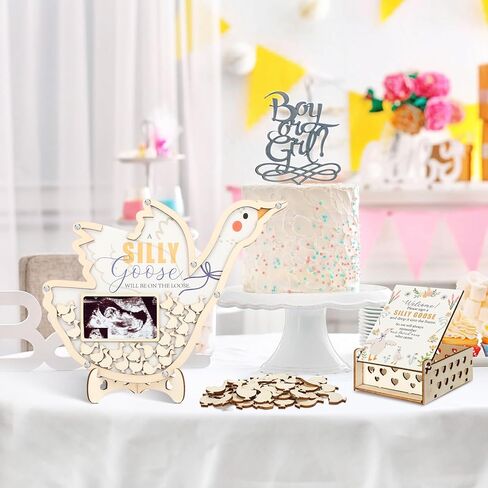 Chunful 64 Pcs Goose Baby Shower Guest Book Alternative a Silly Goose Will Be on the Loose Christmas Decorations for Boys Girls, Wooden Frame Guest Book with Stand, Pen, Box Baby Keepsake for Wedding in Kuwait