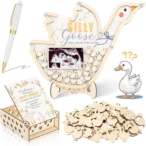Chunful 64 Pcs Goose Baby Shower Guest Book Alternative a Silly Goose Will Be on the Loose Christmas Decorations for Boys Girls, Wooden Frame Guest Book with Stand, Pen, Box Baby Keepsake for Wedding in Kuwait