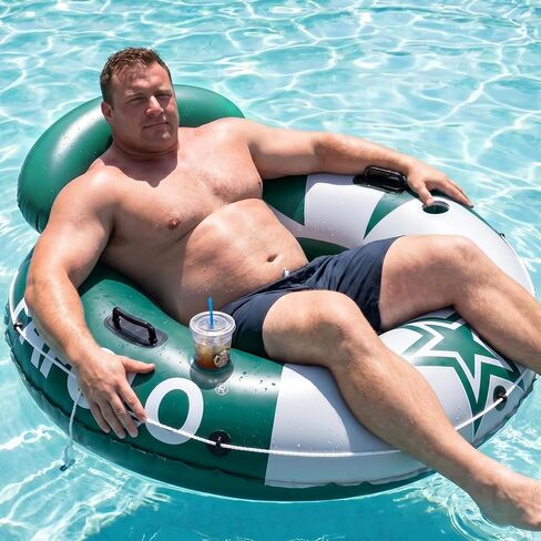 PAFOLO River Tube for Heavy Adult, 56" 500lb Heavy Duty Inflatable Pool Floats with Headrest Grab Rope 2 Cup Holder & Double-Sealed Mesh Seat, Large Floating Tubes for Men, Round Raft Tubing for Lake in Saudi Arabia