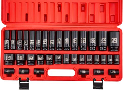 35 Pieces 1/2-Inch Drive Deep Impact Socket Set,Metric Sizes(10 to 32mm),Deep CO-MO Meterial Socket,With Premium Red Socket Organizer,6 Point in Saudi Arabia