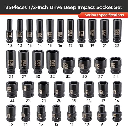35 Pieces 1/2-Inch Drive Deep Impact Socket Set,Metric Sizes(10 to 32mm),Deep CO-MO Meterial Socket,With Premium Red Socket Organizer,6 Point in Saudi Arabia