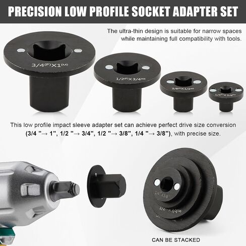 Low-Profile Impact Socket Adapter Set, 4pcs CR-MO Steel Heavy-Duty Impact Convertor 3/4" to 1", 1/2" to 3/4", 3/8" to 1/2", 1/4" to 3/8", Drive Ratchet Adapters, Stackable Design(COLOR:Black) in Saudi Arabia