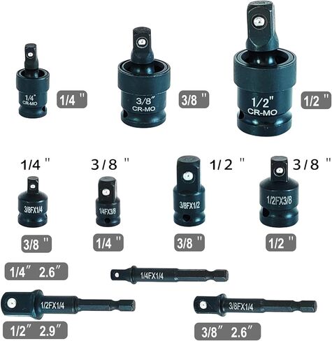 FUVONTA Impact Swivel Socket Adapter Set with Case - Universal Joint, Reducer & Drill Adapter (1/4" 3/8" 1/2") | CR-MO Steel for Automotive Repair, DIY Projects & Off-Road Emergencies (10 PC) in Kuwait