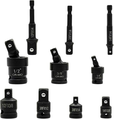 FUVONTA Impact Swivel Socket Adapter Set with Case - Universal Joint, Reducer & Drill Adapter (1/4" 3/8" 1/2") | CR-MO Steel for Automotive Repair, DIY Projects & Off-Road Emergencies (10 PC) in Kuwait