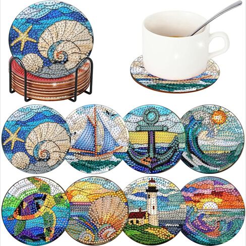ICYANART 8 Pcs Diamond Art Coasters Book Diamond Painting Coasters with Holder 5D Gem Art Kits for Adults，Non-Slip Arts and Crafts Supplies Gifts for Women Adults Beginners in Saudi Arabia
