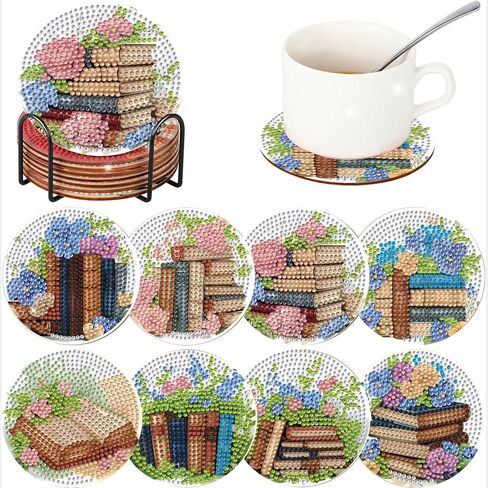 ICYANART 8 Pcs Diamond Art Coasters Book Diamond Painting Coasters with Holder 5D Gem Art Kits for Adults，Non-Slip Arts and Crafts Supplies Gifts for Women Adults Beginners in Saudi Arabia