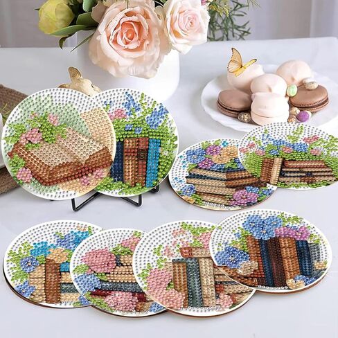 ICYANART 8 Pcs Diamond Art Coasters Book Diamond Painting Coasters with Holder 5D Gem Art Kits for Adults，Non-Slip Arts and Crafts Supplies Gifts for Women Adults Beginners in Saudi Arabia