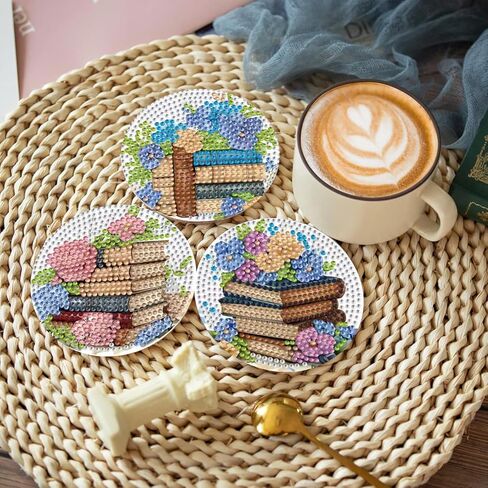 ICYANART 8 Pcs Diamond Art Coasters Book Diamond Painting Coasters with Holder 5D Gem Art Kits for Adults，Non-Slip Arts and Crafts Supplies Gifts for Women Adults Beginners in Saudi Arabia