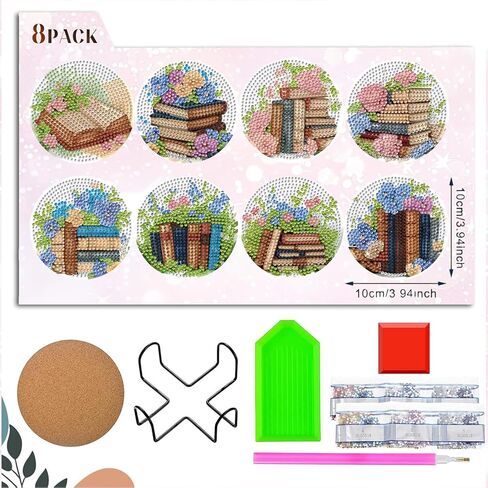 ICYANART 8 Pcs Diamond Art Coasters Book Diamond Painting Coasters with Holder 5D Gem Art Kits for Adults，Non-Slip Arts and Crafts Supplies Gifts for Women Adults Beginners in Saudi Arabia