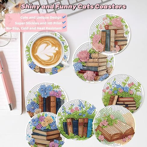 ICYANART 8 Pcs Diamond Art Coasters Book Diamond Painting Coasters with Holder 5D Gem Art Kits for Adults，Non-Slip Arts and Crafts Supplies Gifts for Women Adults Beginners in Saudi Arabia