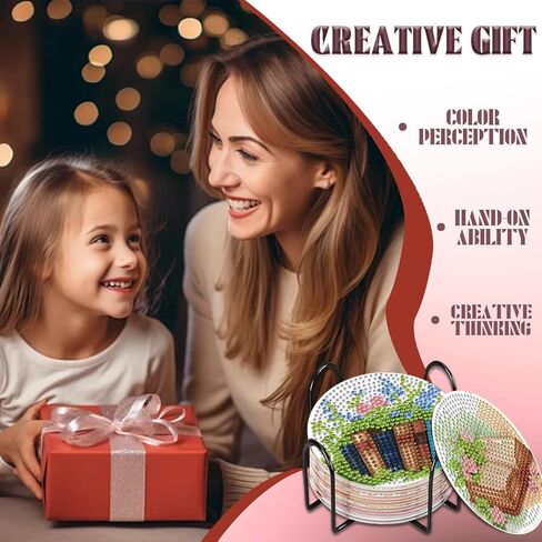ICYANART 8 Pcs Diamond Art Coasters Book Diamond Painting Coasters with Holder 5D Gem Art Kits for Adults，Non-Slip Arts and Crafts Supplies Gifts for Women Adults Beginners in Saudi Arabia