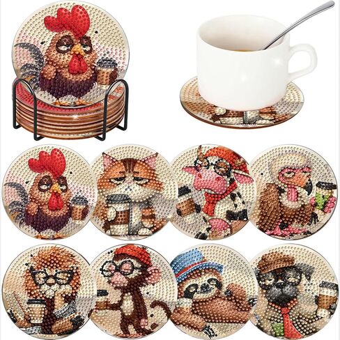 ICYANART 8 Pcs Diamond Art Coasters Book Diamond Painting Coasters with Holder 5D Gem Art Kits for Adults，Non-Slip Arts and Crafts Supplies Gifts for Women Adults Beginners in Saudi Arabia