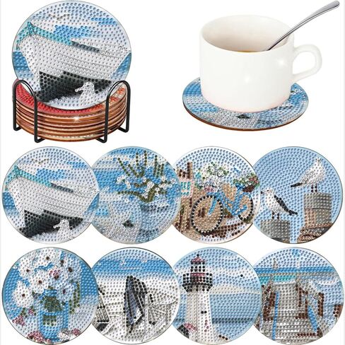 ICYANART 8 Pcs Diamond Art Coasters Book Diamond Painting Coasters with Holder 5D Gem Art Kits for Adults，Non-Slip Arts and Crafts Supplies Gifts for Women Adults Beginners in Saudi Arabia