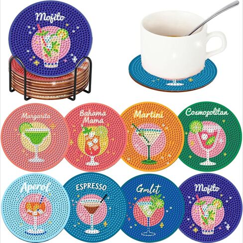ICYANART 8 Pcs Diamond Art Coasters Book Diamond Painting Coasters with Holder 5D Gem Art Kits for Adults，Non-Slip Arts and Crafts Supplies Gifts for Women Adults Beginners in Saudi Arabia