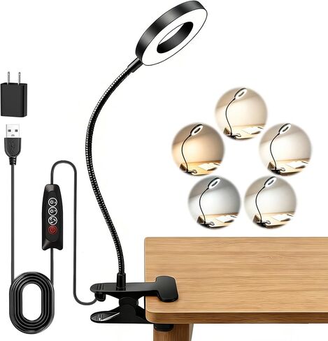 Akynite Desk Lamp Clip on Light, 48 LED USB Clamp Lamp with 5 Color Modes 10 Brightness Levels, 360° Flexible Gooseneck Eye Protection Reading Book Lights for Home Office Study, Adapter Included in Saudi Arabia