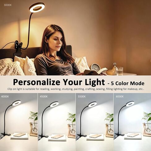 Akynite Desk Lamp Clip on Light, 48 LED USB Clamp Lamp with 5 Color Modes 10 Brightness Levels, 360° Flexible Gooseneck Eye Protection Reading Book Lights for Home Office Study, Adapter Included in Saudi Arabia