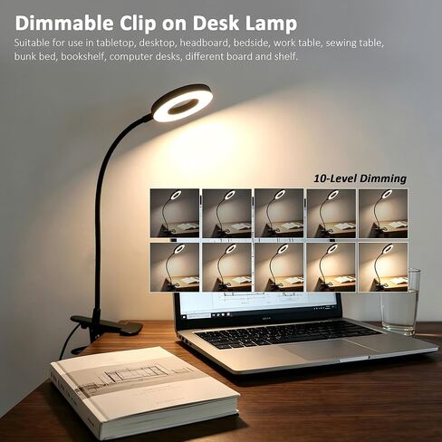 Akynite Desk Lamp Clip on Light, 48 LED USB Clamp Lamp with 5 Color Modes 10 Brightness Levels, 360° Flexible Gooseneck Eye Protection Reading Book Lights for Home Office Study, Adapter Included in Saudi Arabia