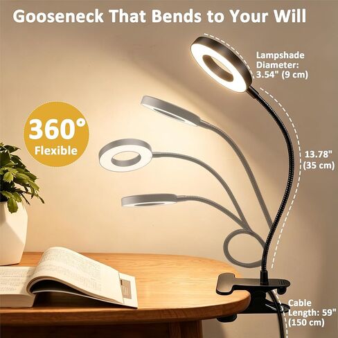 Akynite Desk Lamp Clip on Light, 48 LED USB Clamp Lamp with 5 Color Modes 10 Brightness Levels, 360° Flexible Gooseneck Eye Protection Reading Book Lights for Home Office Study, Adapter Included in Saudi Arabia