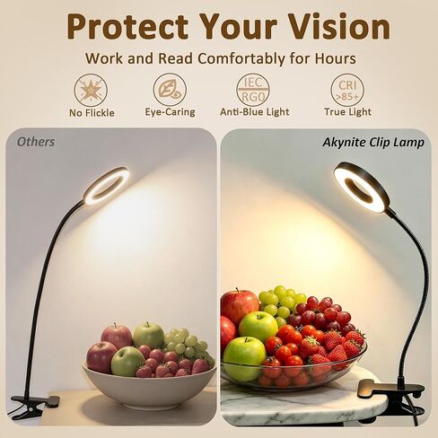 Akynite Desk Lamp Clip on Light, 48 LED USB Clamp Lamp with 5 Color Modes 10 Brightness Levels, 360° Flexible Gooseneck Eye Protection Reading Book Lights for Home Office Study, Adapter Included in Saudi Arabia