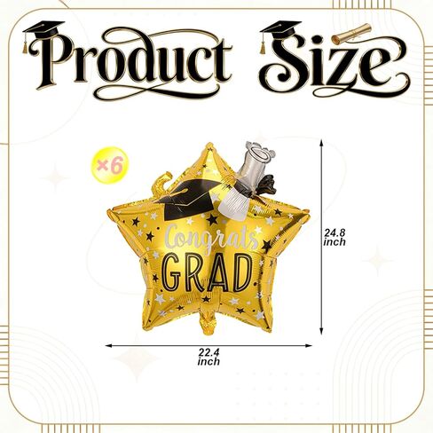 Congrats Grad Balloons - Pack of 6, Gold Star Balloon, Graduation Mylar Balloons Class of 2026 for Graduation Decorations 2026 in Saudi Arabia