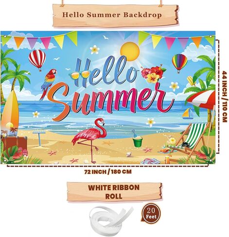 Hello Summer Backdrop, Tropical Beach Party Decorations Banner for Pool Party, Hawaiian Luau Birthday, Summer Photo Booth Background, 71 x 43 Inch in Kuwait