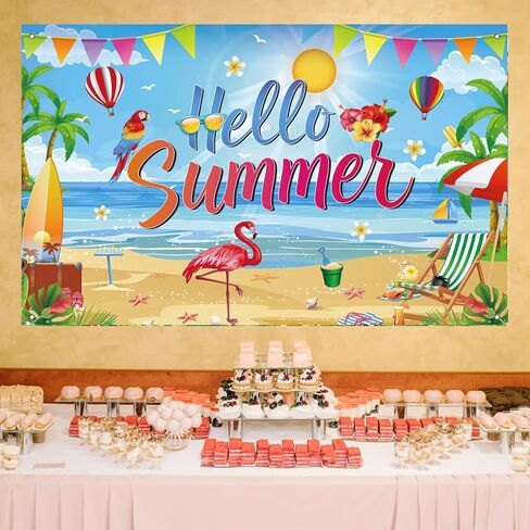 Hello Summer Backdrop, Tropical Beach Party Decorations Banner for Pool Party, Hawaiian Luau Birthday, Summer Photo Booth Background, 71 x 43 Inch in Kuwait
