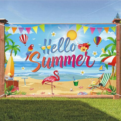 Hello Summer Backdrop, Tropical Beach Party Decorations Banner for Pool Party, Hawaiian Luau Birthday, Summer Photo Booth Background, 71 x 43 Inch in Kuwait