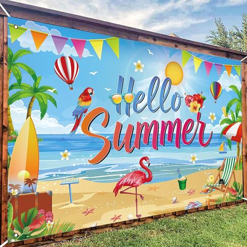 Hello Summer Backdrop, Tropical Beach Party Decorations Banner for Pool Party, Hawaiian Luau Birthday, Summer Photo Booth Background, 71 x 43 Inch in Kuwait