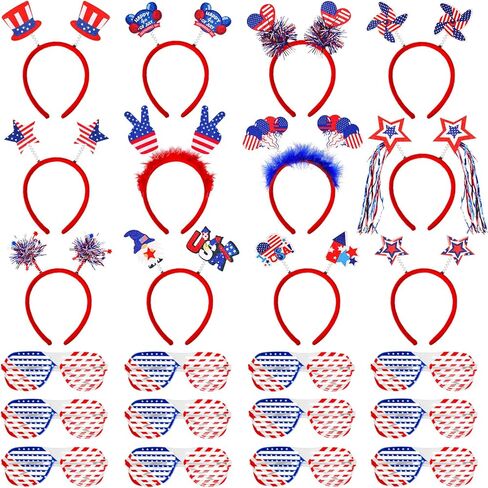 Max Fun 24Pcs 4th of July Accessories, 12Pcs Headbands and 12Pcs Glasses for Independence Day Adults Kids Party Favors Patriotic Fourth of July Party Supplies Set Parades Decorations in Kuwait